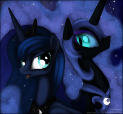 Size: 1570x1460 | Tagged: safe, artist:grinu, nightmare moon, princess luna, alicorn, pony, g4, duality, duo