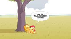 Size: 900x500 | Tagged: safe, artist:hotdiggedydemon, apple bloom, applejack, earth pony, pony, g4, dialogue, duo, female, jappleack, mare, relaxing, sisters, speech bubble, tree, under the tree