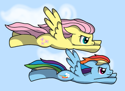 Size: 1667x1221 | Tagged: safe, artist:novaspark, fluttershy, rainbow dash, g4, flying