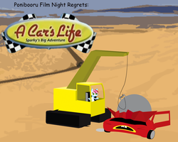 Size: 1000x800 | Tagged: safe, artist:daisyhead, oc, oc only, oc:flicker, ponibooru film night, a car's life: sparky's big adventure, car, crane, ponibooru, sparky (a car's life), wrecking ball
