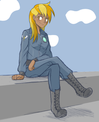 Size: 500x614 | Tagged: safe, artist:allosaurus, artist:sallymon, lightning dust, human, g4, clothes, humanized, jumpsuit, shiny, solo, wonderbolts