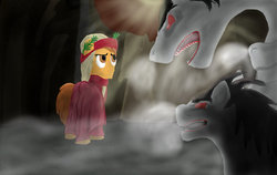 Size: 900x570 | Tagged: dead source, safe, artist:daniel-h-n, cerberus, clothes, dante alighieri, multiple heads, ponified, the divine comedy, three heads