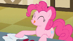 Size: 600x338 | Tagged: safe, screencap, pinkie pie, earth pony, pony, g4, the last roundup, animated, eyes closed, female, gif, licking lips, mare, out of context, smiling, tenso, tongue out, zoom