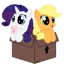 Size: 300x300 | Tagged: safe, artist:tomdantherock, applejack, rarity, earth pony, pony, unicorn, g4, :p, animated, annoyed, box, cardboard box, cute, daaaaaaaaaaaw, ear flick, eye shimmer, eyes closed, female, freckles, glare, grin, hnnng, jackabetes, mare, mouth hold, note, open mouth, puppy dog eyes, raribetes, sad, silly, silly pony, simple background, smiling, squee, tongue out, transparent background