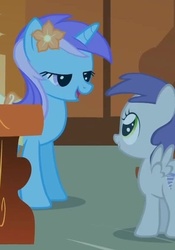 Size: 403x577 | Tagged: safe, screencap, diamond mint, tornado bolt, pegasus, pony, unicorn, call of the cutie, g4, background pony, duo, female, filly, flower, foal, lidded eyes, mare, out of context