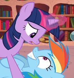 Size: 719x759 | Tagged: safe, rainbow dash, twilight sparkle, double rainboom, g4, eyes on the prize, female, grin, horn, hornboner, lesbian, on back, on top, open mouth, out of context, ship:twidash, shipping, smiling, wide eyes