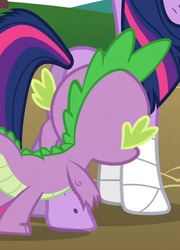 Size: 485x675 | Tagged: safe, screencap, spike, twilight sparkle, dragon, pony, unicorn, feeling pinkie keen, g4, bandage, butt, cropped, female, injured, male, mare, plot