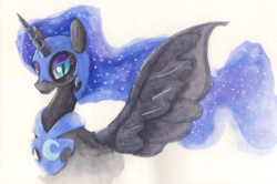 Size: 4464x2962 | Tagged: safe, artist:arurein, nightmare moon, alicorn, pony, g4, ethereal mane, female, helmet, jewelry, lidded eyes, looking at you, mare, regalia, simple background, solo, spread wings, starry mane, traditional art, watercolor painting, white background, wings
