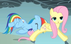 Size: 1280x806 | Tagged: safe, screencap, fluttershy, rainbow dash, pegasus, pony, dragonshy, g4, butt touch, faceful of ass, female, lidded eyes, mare, out of context, pushing, rump push