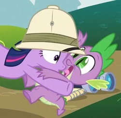 Size: 545x532 | Tagged: safe, screencap, spike, twilight sparkle, feeling pinkie keen, g4, binoculars, hat, imminent kissing, out of context, pith helmet, scared, shocked, surprised