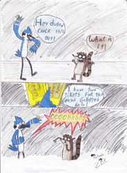 Size: 2492x3380 | Tagged: safe, artist:takedapie, barely pony related, comic, crossover, grand galloping gala, male, mordecai, mordecai and rigby, regular show, rigby (regular show), ticket, traditional art