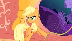 Size: 1280x720 | Tagged: safe, screencap, applejack, earth pony, pony, g4, look before you sleep, season 1, applebutt, bedroom eyes, butt, female, golden oaks library, hatless, lidded eyes, mare, missing accessory, overcast, plot, rope, solo, stupid sexy applejack