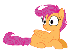 Size: 1013x703 | Tagged: safe, artist:cloud racer, artist:mn27, scootaloo, pegasus, pony, g4, blank flank, colored, cute, female, filly, foal, frown, lying down, prone, simple background, solo, white background