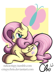 Size: 1800x2400 | Tagged: safe, artist:nekocrispy, fluttershy, pegasus, pony, g4, cutie mark background, female, lidded eyes, lying down, mare, smiling, solo