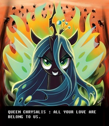 Size: 604x700 | Tagged: safe, artist:yulyeen, queen chrysalis, changeling, g4, all your base are belong to us, meme, parody, zero wing