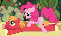Size: 937x563 | Tagged: safe, screencap, big macintosh, pinkie pie, earth pony, pony, g4, too many pinkie pies, male, out of context, pinkiemac, shipping, stallion, straight, surprise buttsex