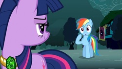 Size: 1280x720 | Tagged: safe, screencap, rainbow dash, twilight sparkle, g4, magic duel, lidded eyes, out of context