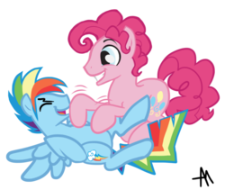 Size: 972x822 | Tagged: safe, artist:bananimationofficial, pinkie pie, rainbow dash, g4, bubble berry, laughing, rainbow blitz, rule 63, tickling