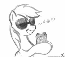 Size: 800x711 | Tagged: safe, artist:johnjoseco, rainbow dash, pegasus, pony, g4, can, dr pepper, female, grayscale, heart, holding, hoof hold, mare, monochrome, signature, simple background, smiling, soda can, solo, sunglasses, talking, white background
