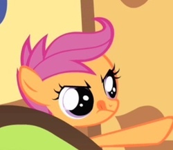 Size: 363x317 | Tagged: safe, screencap, scootaloo, pony, g4, :p, cute, female, frown, glare, pointing, solo, tongue out