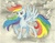 Size: 1538x1186 | Tagged: dead source, safe, artist:hahasauce, rainbow dash, pegasus, pony, g4, cloud, female, lightning, mare, open mouth, raised hoof, signature, solo, spread wings, stormcloud, traditional art, wings