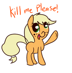 Size: 550x560 | Tagged: safe, applejack, earth pony, pony, g4, dissonant caption, female, kill me, simple background, solo, text, waving