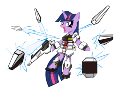 Size: 7000x5000 | Tagged: safe, artist:rorycon, twilight sparkle, pony, unicorn, anthro, g4, absurd resolution, arm hooves, armor, beam rifle, clothes, cosplay, costume, crossover, female, funels, gun, gundam, horn, mare, mecha, mobile suit, mobile suit gundam, mobile suit gundam char's counterattack, nu gundam, ponified, rifle, weapon