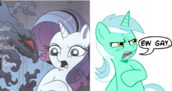 Size: 2004x1066 | Tagged: safe, artist:megasweet, idw, lyra heartstrings, rarity, g4, spoiler:comic, comparison, ew gay, meme