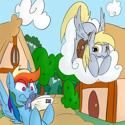 Size: 1024x1024 | Tagged: safe, artist:martinhello, derpy hooves, rainbow dash, fish, pegasus, pony, g4, female, letter, mail, mare, saddle bag