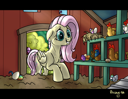 Size: 1280x994 | Tagged: safe, artist:arceus55, fluttershy, chicken, g4, animal, chicken coop, easter, easter egg, fake screencap, interior, letterboxing, working