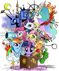 Size: 1710x2057 | Tagged: safe, artist:ringodaifuku, applejack, fluttershy, lightning bolt, nightmare moon, philomena, pinkie pie, princess celestia, princess luna, rainbow dash, rarity, twilight sparkle, white lightning, alicorn, bird, blue jay, earth pony, pegasus, phoenix, pony, unicorn, g4, apple tree, book, cannon, canterlot, castle, elements of harmony, horn, magic circle, mane six, pixiv, s1 luna, tree