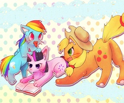 Size: 1200x1000 | Tagged: safe, artist:ayahana, applejack, rainbow dash, twilight sparkle, cat, g4, applecat, catified, pixiv, rainbow cat, reading, species swap, twilight cat