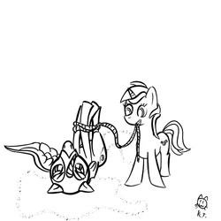 Size: 500x500 | Tagged: safe, artist:cheshiresdesires, lyra heartstrings, nightmare moon, alicorn, pony, unicorn, g4, black and white, duo, grayscale, grin, monochrome, mouth hold, rope, simple background, smiling, tied up, white background