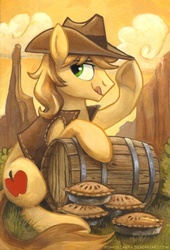 Size: 559x820 | Tagged: safe, artist:kenket, artist:spainfischer, braeburn, earth pony, pony, g4, apple pie, barrel, male, solo, stallion, tongue out