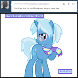 Size: 696x694 | Tagged: safe, artist:great-and-powerful-gamer, trixie, pony, unicorn, g4, before it was cool, clothes, female, glasses, hipster, mare, scarf, solo