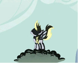 Size: 750x606 | Tagged: safe, screencap, derpy hooves, pegasus, pony, g4, season 2, the last roundup, animated, bouncing, cloud, cloudy, eyes closed, female, flapping, i just don't know what went wrong, mare, open mouth, pronking, smiling, solo, stomping, stormcloud, talking