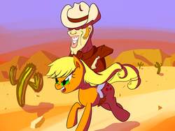 Size: 2560x1920 | Tagged: safe, artist:lemon1986, applejack, earth pony, human, pony, g4, cactus, female, humans riding ponies, male, mare, riding, saguaro cactus