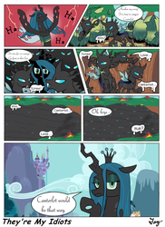 Size: 1200x1650 | Tagged: safe, artist:tikyotheenigma, queen chrysalis, changeling, g4, canterlot, comic, disney, hercules, parody