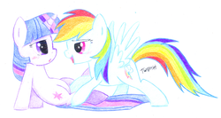 Size: 2452x1304 | Tagged: safe, artist:awengrocks, rainbow dash, twilight sparkle, pegasus, pony, unicorn, g4, bedroom eyes, blushing, female, lesbian, looking at each other, mare, ship:twidash, shipping, simple background, spread wings, traditional art, unicorn twilight, white background, wingboner, wings