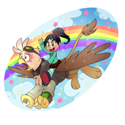 Size: 1500x1500 | Tagged: safe, artist:madmax, oc, oc:paharita, griffon, fallout equestria, fallout equestria: anywhere but here, crossover, fanfic, partial background, rainbow, sugar rush, vanellope von schweetz, wreck-it ralph