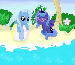 Size: 799x694 | Tagged: safe, princess luna, trixie, pony, g4, beach, filly, glasses, woona, younger