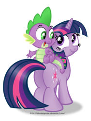 Size: 1024x1365 | Tagged: safe, artist:aleximusprime, spike, twilight sparkle, dragon, pony, unicorn, g4, butt, dragons riding ponies, female, male, plot, riding, riding a pony, simple background, spike riding twilight, transparent background, unicorn twilight, vector