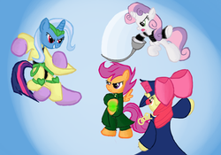 Size: 1000x700 | Tagged: safe, artist:dalekolt, apple bloom, scootaloo, sweetie belle, trixie, twilight sparkle, g4, cutie mark crusaders, dio brando, fight, jean pierre polnareff, jojo's bizarre adventure, jotaro kujo, noriaki kakyoin, parody, sword