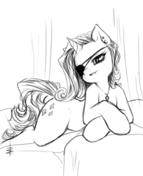 Size: 500x615 | Tagged: safe, artist:tt-n, rarity, pony, unicorn, g4, eyepatch, female, human shoulders, mare, monochrome, necklace, solo