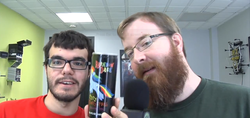 Size: 1359x641 | Tagged: safe, rainbow dash, human, g4, achievement hunter, barely pony related, glasses, irl, irl human, jack pattillo, photo, ray narvaez jr