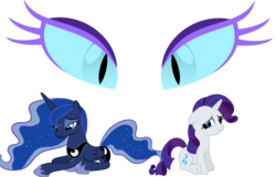 Size: 1418x912 | Tagged: safe, idw, nightmare moon, nightmare rarity, princess luna, rarity, alicorn, pony, unicorn, g4, spoiler:comic, crying, duo, duo female, eyes, female, floppy ears, jewelry, mare, regalia, sad, simple background, transparent background