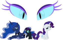 Size: 1418x912 | Tagged: safe, artist:aibotnya, edit, idw, nightmare moon, nightmare rarity, princess luna, rarity, oc, oc:nyx, alicorn, pony, unicorn, fanfic:past sins, g4, spoiler:comic, alicorn oc, crying, ethereal mane, eyes, fanfic art, horn, nightmare nyx, prone, sad, simple background, slit pupils, spread wings, starry mane, transparent background, trio, two sides, wings