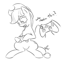 Size: 739x691 | Tagged: safe, artist:my-little-veteran, applejack, earth pony, pony, g4, angry, controller, female, frustrated, horse problems, mare, monochrome, solo, xbox 360, xbox 360 controller, xbox controller
