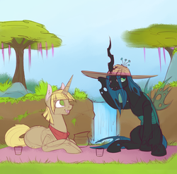 Size: 1000x986 | Tagged: safe, artist:cobaltsnow, queen chrysalis, oc, pony, unicorn, g4, hat, picnic, waterfall