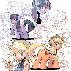 Size: 650x650 | Tagged: safe, artist:citolo, applejack, twilight sparkle, anthro, g4, ambiguous facial structure, butt, collage, lineart, pixiv, plot, sketch dump, traditional art